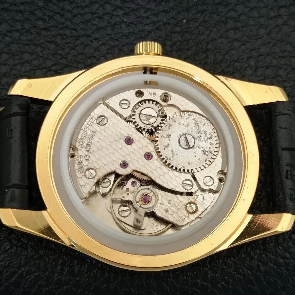 Vintage 1976 Roamer Manual Mens Gold Watch W/Leather Strap & White accents